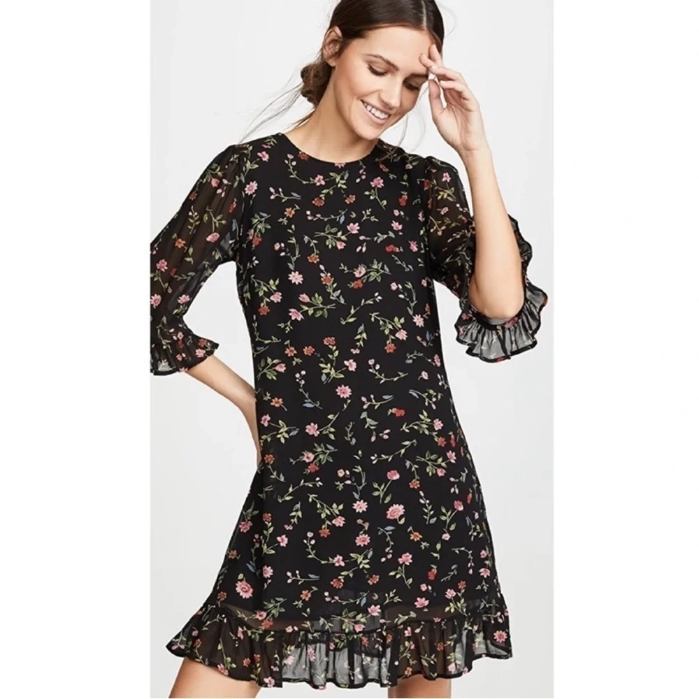 Ganni Elm Georgette Mini Dress 40 Floral Black Pink 8 Chiffon Wedding Garden - Picture 1 of 10